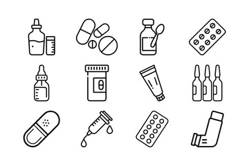 Collection of Healthcare Icons, Pharmaceuticals, and Medical Supplies