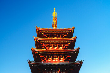 Japan beauty: five storied pagoda under blue sky and sunlight