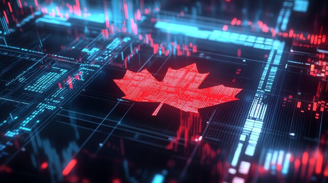 Futuristic Canadian flag overlaid on a dynamic stock market chart, symbolizing TSX performance and economic trends. Perfect for finance and investment themes.