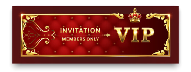 Luxurious vip invitation with golden frame and crown on red velvet background representing exclusivity, privilege and members only access to premium events