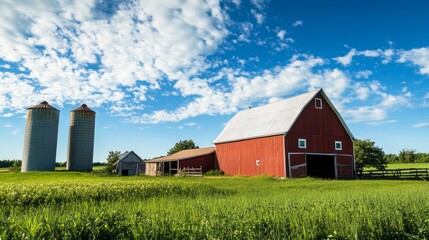 Obraz premium Red Country Barn and Summer Evening Cloudscape in Rural Minnesota, Farm Silos and Sheds with Green Grass, Scenic Landscape View of Rural America, Wide Angle Nature Shot