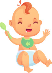 Cute little baby wearing a diaper and bib, happily holding a spoon, drooling while waving and smiling, sitting cheerfully against a clean white background