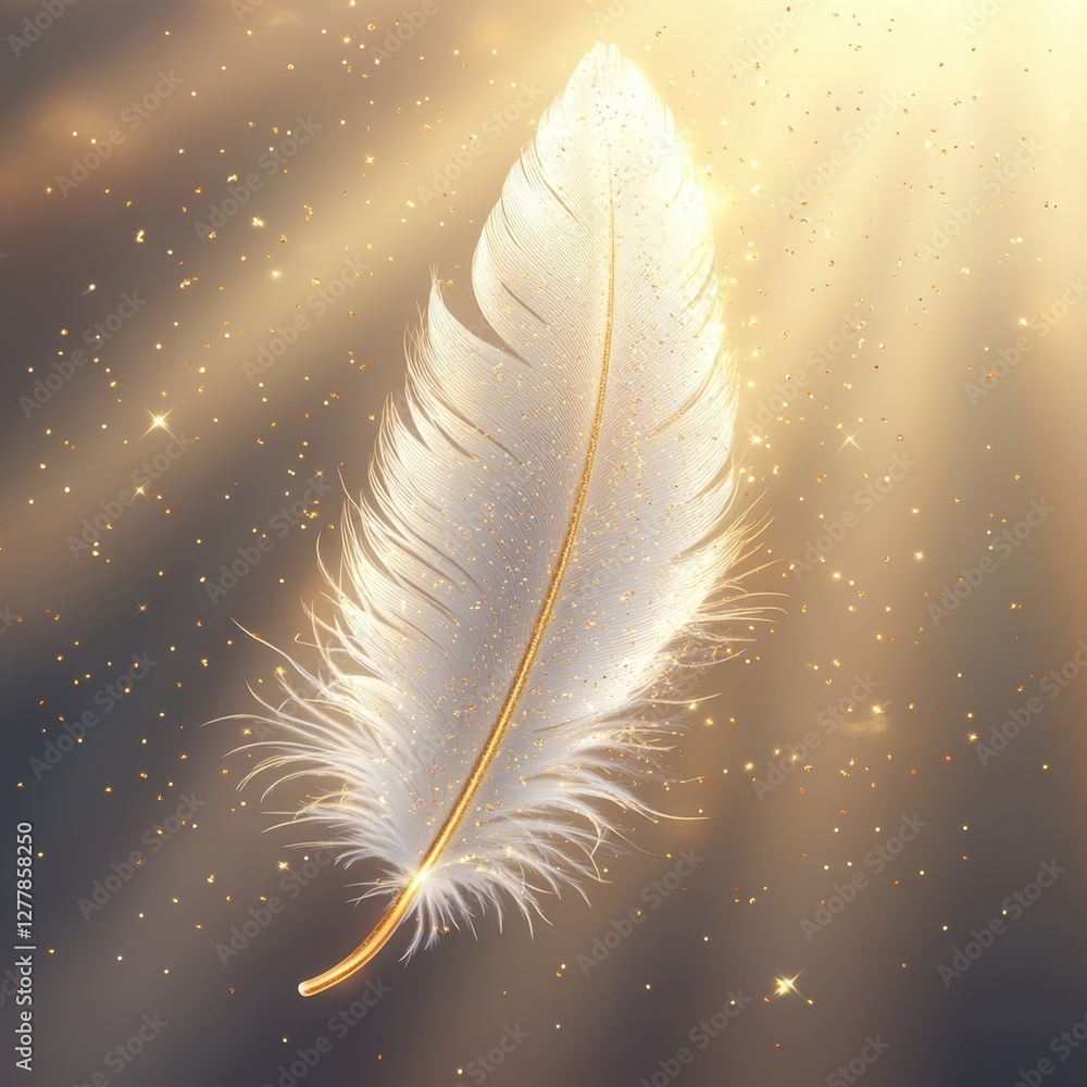 Aufkleber ethereal feather floating in golden light with sparkling particles creating a magical and dreamy atm