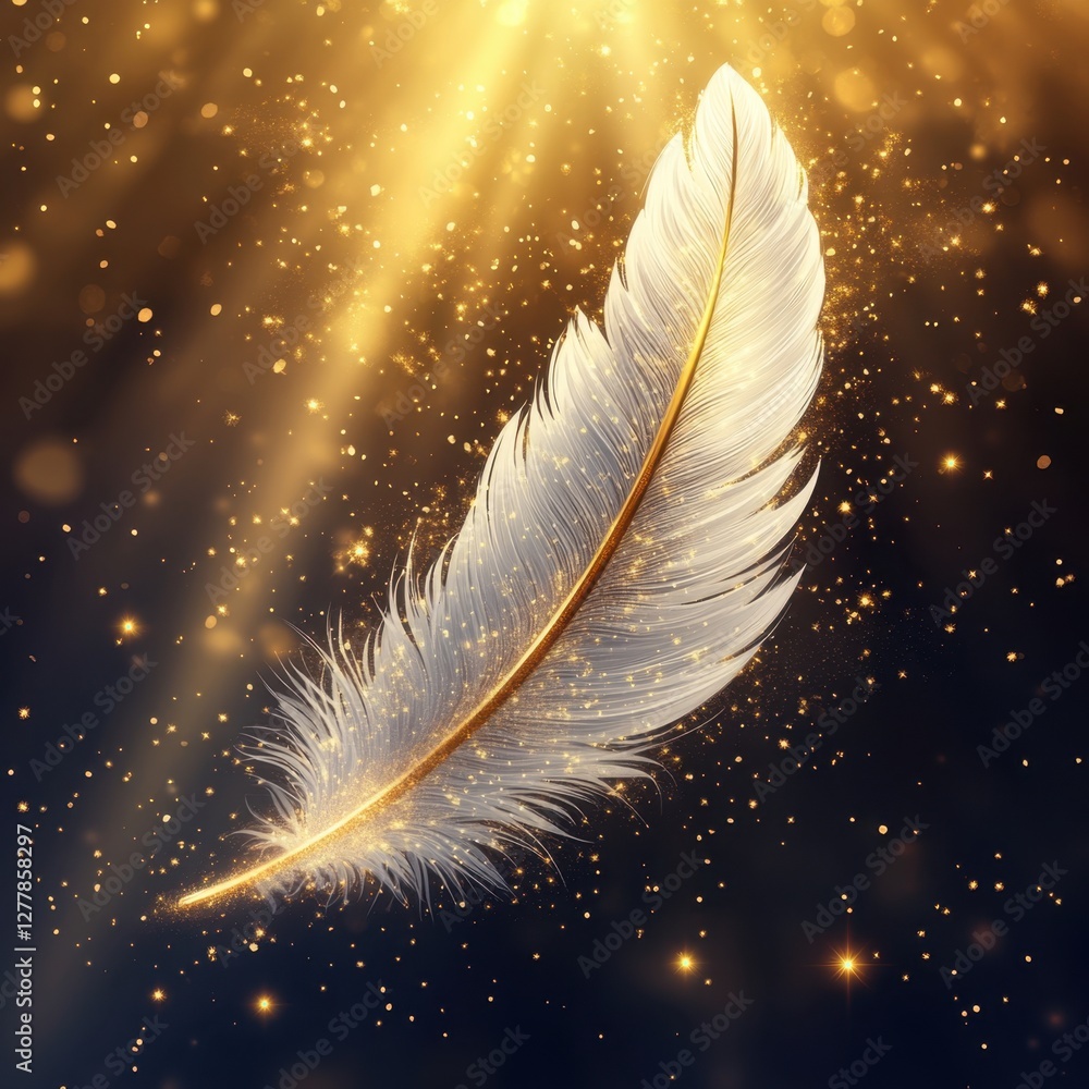 Poster ethereal feather floating in golden light against a dark background creating a magical and dreamy at