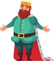 Cartoon illustration featuring a cheerful king, adorned with a golden crown, dressed in vibrant green attire and a striking red cape, standing with open arms in a welcoming gesture