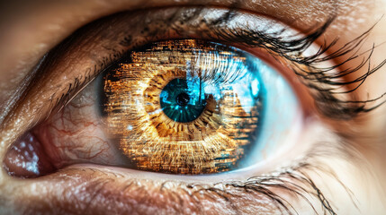 Close up of human eye with holographic visuals reflecting vibrant colors and patterns, showcasing blend of technology and nature