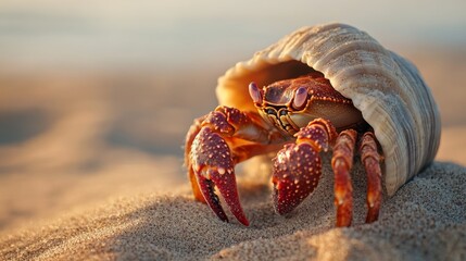 A hermit crab emerges from its shell on a sandy beach. The sunset casts a warm glow on its vibrant shell. Nature showcases beauty in simplicity. Generative AI