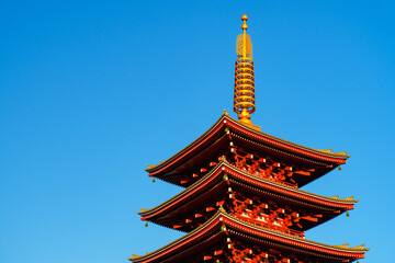 Japan beauty: five storied pagoda under blue sky and sunlight