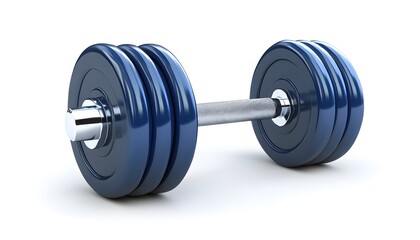 Naklejka premium A blue dumbbell with silver handle rests on white