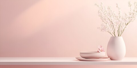 Photo of a minimalist shelf with two small plates and one flower vase on a light pink background, 