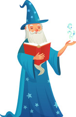 Old wizard with long white beard wearing blue magic robe and hat decorated with stars is reading spellbook and casting magic spell with his hand