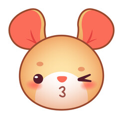 Adorable cartoon mouse blowing a kiss with a kawaii expression, featuring rosy cheeks and closed eyes, conveying affection and charm in a playful, whimsical style