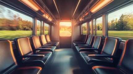 Fototapeta premium Empty scenic train interior with sunlit view of countryside landscape