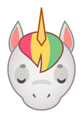 White unicorn with rainbow colored hair, closing its eyes and drifting off to sleep, rests peacefully against a pure white background, embodying magic and innocence