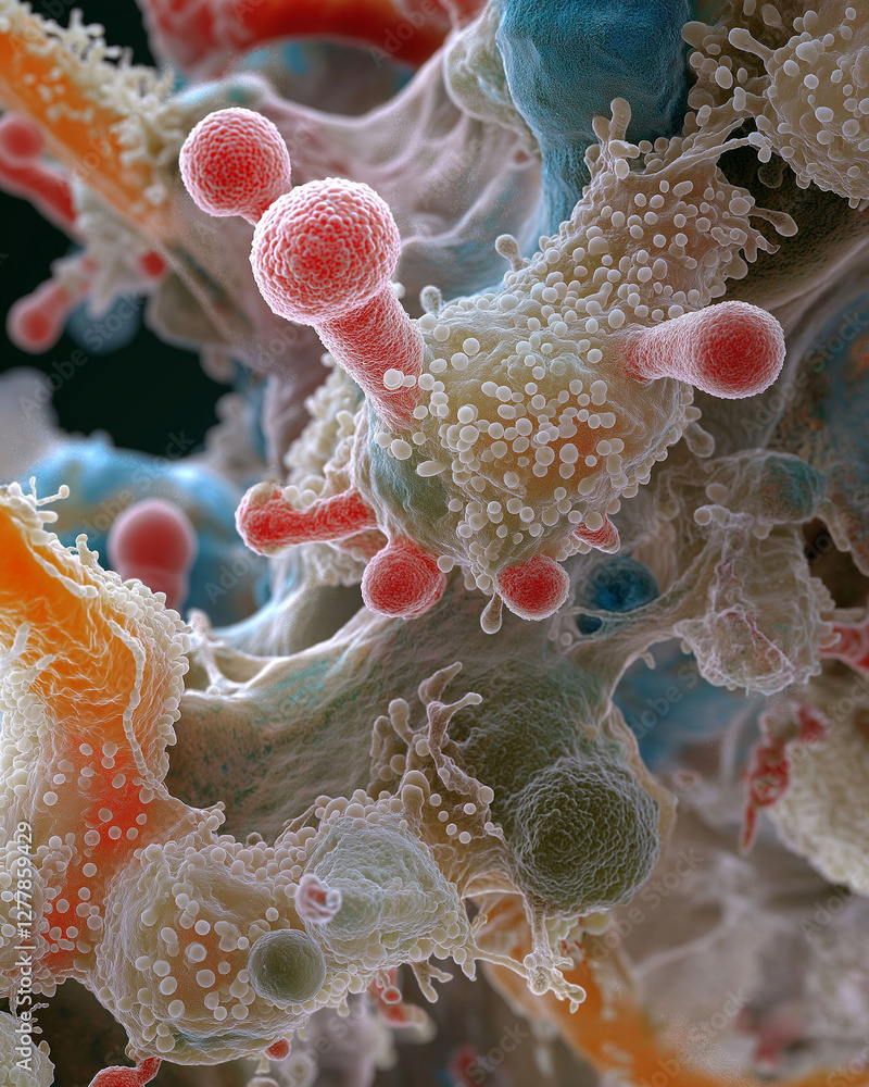 Poster polymicrobial bacteria environmental factors. colorful electron microscope image showcasing polymicr