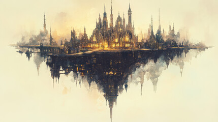 A fantastical floating palace with elegant spires and intricate detailing, resting above a serene, watercolor-painted landscape