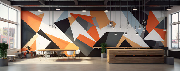 Creative workspace featuring vibrant mural design in modern office setting