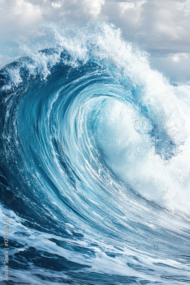 Poster majestic ocean wave curling with power and energy against a cloudy sky backdrop creating a dynamic s