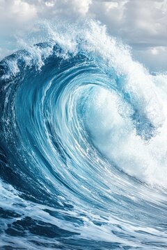 Majestic ocean wave curling with power and energy against a cloudy sky backdrop creating a dynamic seascape
