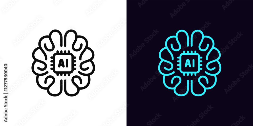 Poster outline ai brain icon, with editable stroke. human brain with integrated ai chip, artificial intelli