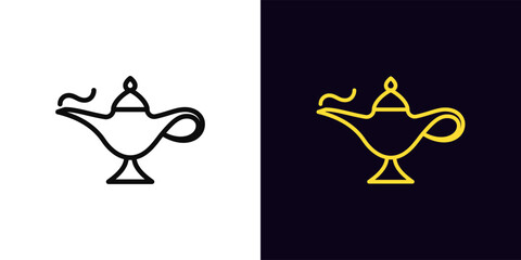 Outline magic lamp icon, with editable stroke. Magic genie lamp for wishes, arabian treasure. Eastern tale, genie treasure, golden oil lamp, arabic luxury, magical miracle, make wish. Vector icon