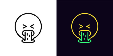 Outline vomiting emoji icon, with editable stroke. Spew emoji, disgust feeling. Emoticon vomit, mouth with puke, dislike reaction, sick emoji, barf face, nausea emoticon, belch expression. Vector icon