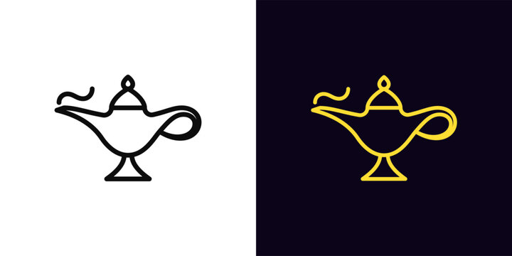 Outline magic lamp icon, with editable stroke. Magic genie lamp for wishes, arabian treasure. Eastern tale, genie treasure, golden oil lamp, arabic luxury, magical miracle, make wish. Vector icon