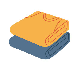 Neat apparel items, tshirts, textile, fabric. Folded clothes stack. Flat graphic vector illustration.