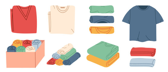 Rolled-Up and Folded T-Shirts set. Casual clothes for upper body. Modern  apparels set. Flat graphic vector illustrations isolated on white background.