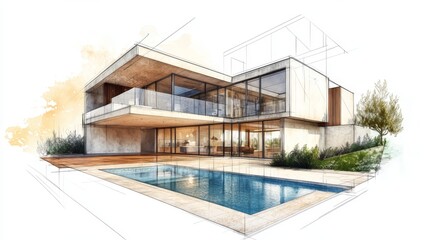 A pencil sketch of a modern house with a pool, an architectural drawing with color washes, an architectural blueprint and site plan in the background, architectural details, a landscape design
