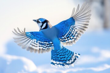 Captivating blue jay soars through the serene winter sky with its wings spread wide in graceful flight