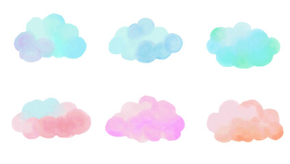 水彩画の青系とピンク系の雲　手書き　グラフィック素材　png　セット素材