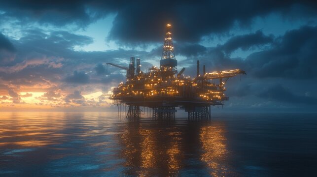 Offshore oil rig at sunset, ocean platform, energy production, industrial background, for energy industry reports