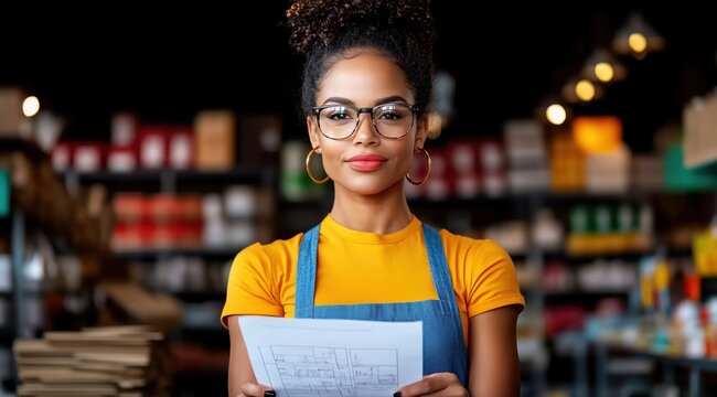 young woman stands confidently in a colorful workspace, wearing glasses and a bright shirt. She holds design plans in her hands, surrounded by various supplies on shelves
