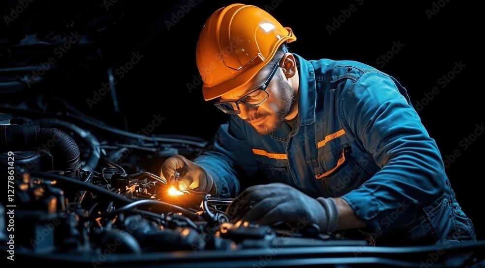 Poster skilled mechanic is focused on diagnosing an engine issue inside an automotive workshop during the n