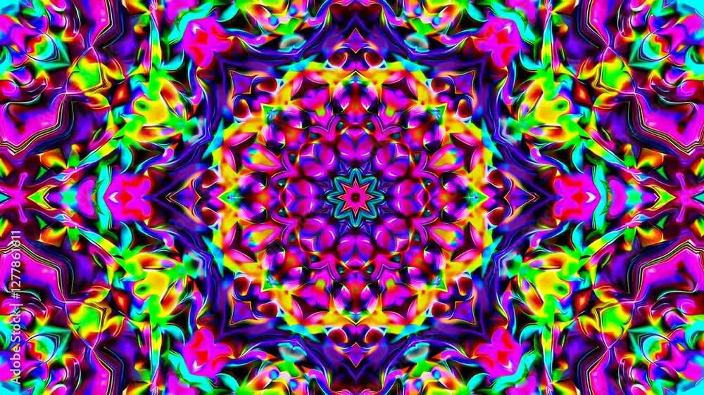 Poster Colorful kaleidoscope pattern with vibrant neon designs and symmetrical shapes. Abstract psychedelic background with swirling elements. Art and creativity concept.