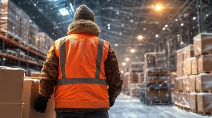 Obraz premium warehouse worker in an orange vest and beanie is seen organizing packages inside a busy storage facility filled with shelves. Snow can be observed outside, hinting at winter conditions