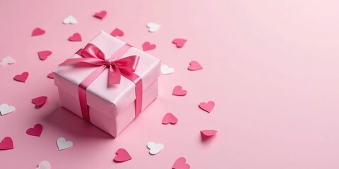 Pink gift box with pink ribbon and scattered hearts on a pink background
