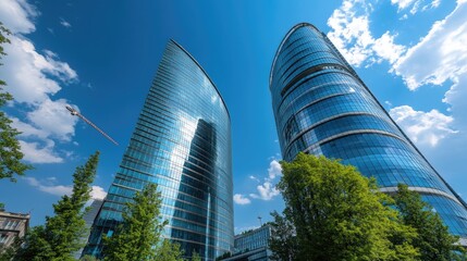 Modern Architecture, Twin Skyscrapers Under a Blue Sky