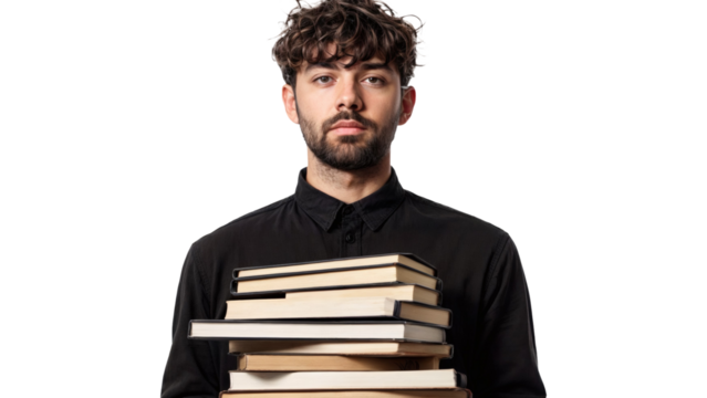 png, transparent background, Young European man, 25 years old, in a black dress shirt and dark pants, holding a stack of books,