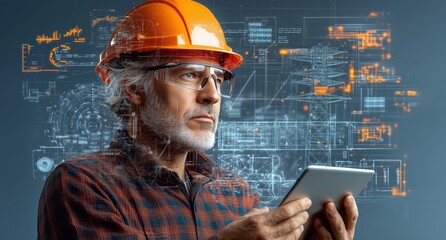 senior engineer wearing a hard hat and glasses is intently using a digital tablet in a workshop