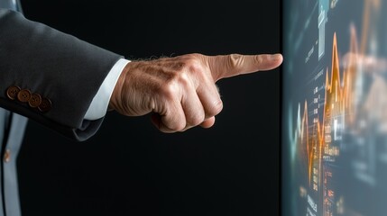 business professional is pointing at a digital data display, analyzing graphs and statistics in a modern office
