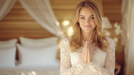 Fototapeta premium joyful bride stands with her hands in a prayer position, smiling gently. She is dressed in a lace wedding gown, with a serene background of soft lighting and plush bedding