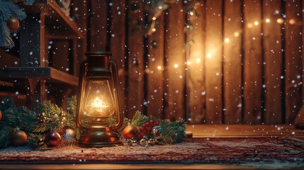 Obraz premium Warm lanterns illuminate a wintery setting decorated with colorful decorations and fir branches during a festive holiday season