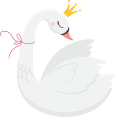 Cute swan princess wearing golden crown and pink ribbon, ideal for children book illustrations, baby shower invitations, greeting cards, textile prints, wall art and nursery decoration