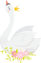 Cute illustration of majestic white swan wearing golden crown and surrounded by pink roses, leaves and flowers, looking up with closed eyes