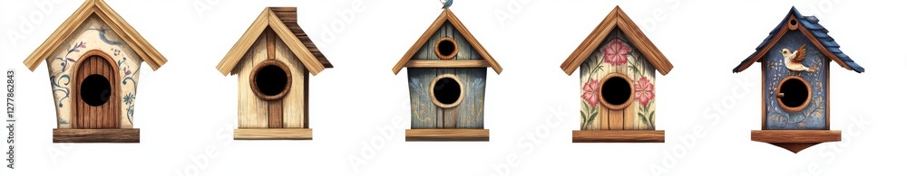 Wall mural Five painted birdhouses, white background, garden decor