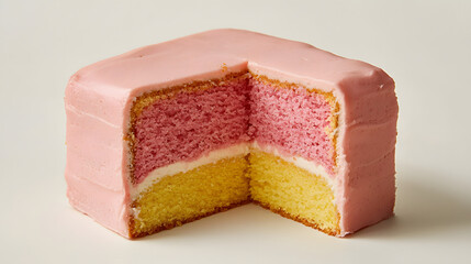 Sliced Battenberg Cake Showcasing Colorful Layers of Pink and Yellow Against a Neutral Background