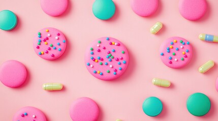 Fototapeta premium Vibrant Display of Colorful Supplements and Vitamins on a Pink Background