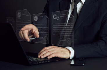 Male businessman trader in black suit works with laptop. Infographic illustration.